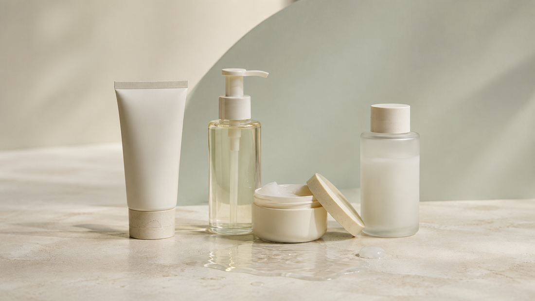 Sunscreen beside oil, balm and milk cleansers for an evening routine