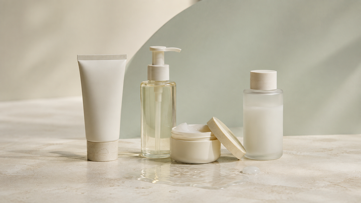 Sunscreen beside oil, balm and milk cleansers for an evening routine