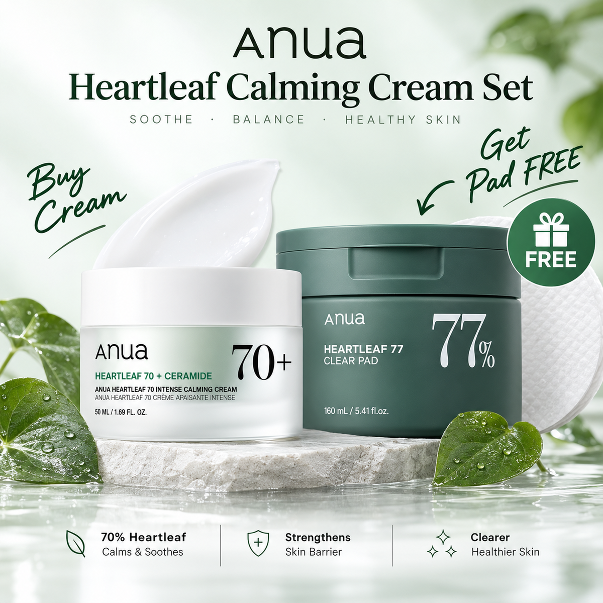 ANUA Heartleaf Calming Cream Gift Set – (Free 77% Clear Pad)