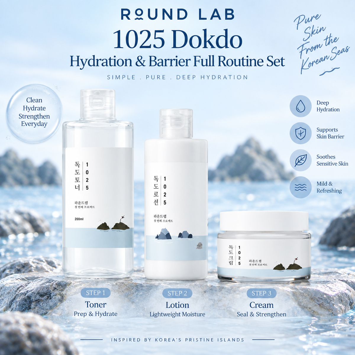 [Toner+Lotion+Cream] ROUND LAB 1025 Dokdo Full Hydration & Barrier Routine Set