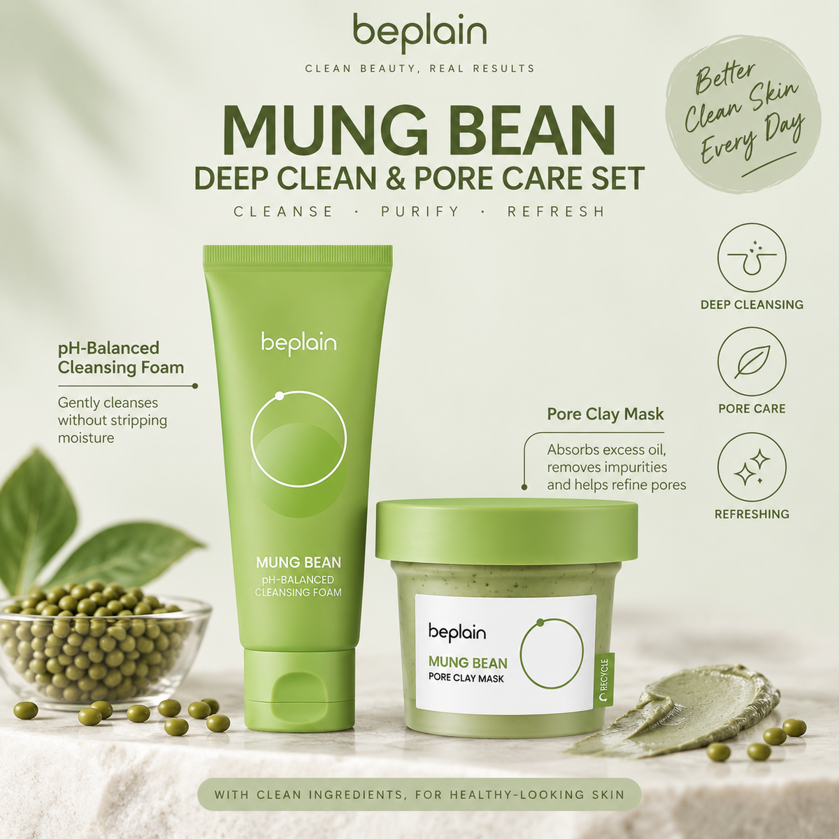 Beplain Mung Bean Deep Clean & Pore Care Set – (Cleansing Foam + Clay Mask)